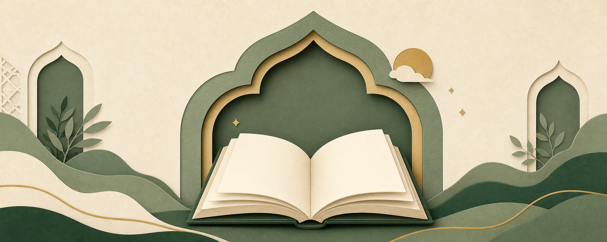 كتاب مفتوح فارغ داخل قوس بتكوين ورقي أخضر هادئ